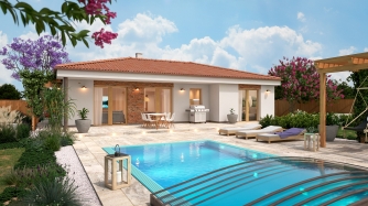 Bungalow en forma L con 4 habitaciones y una imponente chimenea.